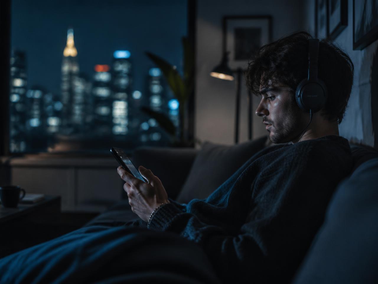A person listening to music on headphones at night